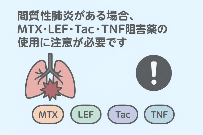 関節リウマチの患者さんに間質性肺炎が合併している場合、MTX・LEF・Tac・TNF阻害薬の使用には注意が必要です。のアイキャッチ画像