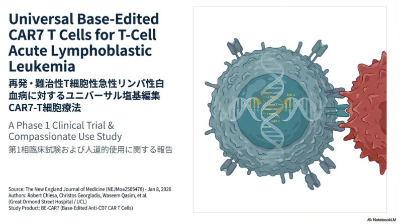 Universal Base-Edited CAR7 T Cells for T-Cell Acute Lymphoblastic Leukemia:健康なドナーの細胞を加工したユニバーサルBE-CAR7 T細胞を患者に投与したところ、標的となる癌細胞を効果的に攻撃し、調査対象となったほぼすべての患者で完全な形態学的寛解を誘導することに成功のアイキャッチ画像