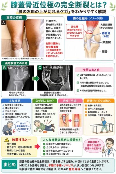 膝蓋骨近位極の完全断裂とは？：「膝のお皿の上が切れる」ケガを柏・我孫子の総合内科専門医がわかりやすく解説のアイキャッチ画像