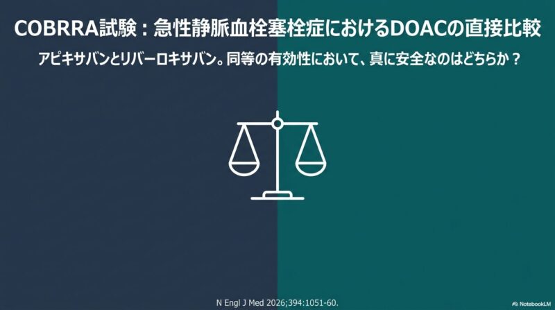 急性静脈血栓塞栓症におけるアピキサバンとリバーロキサバンの出血リスク比較：COBRRA試験（DOACの使い分け）を柏我孫子の総合内科専門医が解説のアイキャッチ画像
