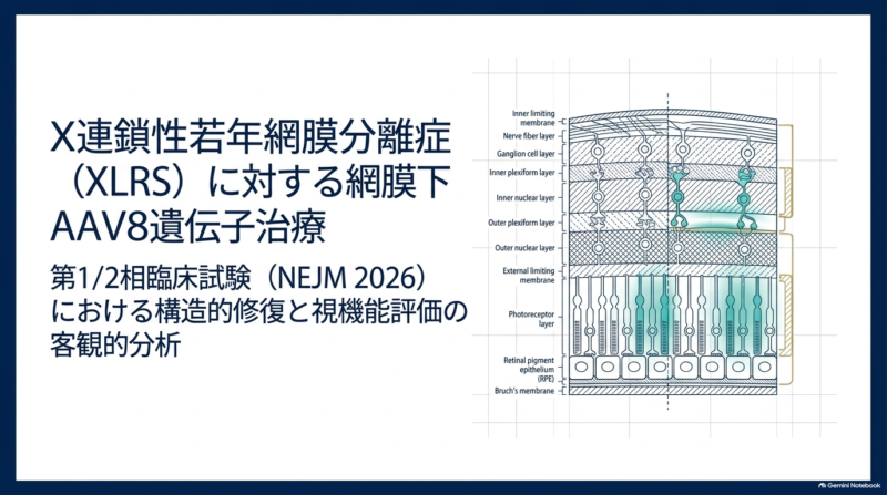 【NEJM2026】X連鎖性若年網膜分離症（XLRS）への網膜下AAV8遺伝子治療｜12例で網膜分離腔の閉鎖と視力改善を示した初期臨床試験のアイキャッチ画像