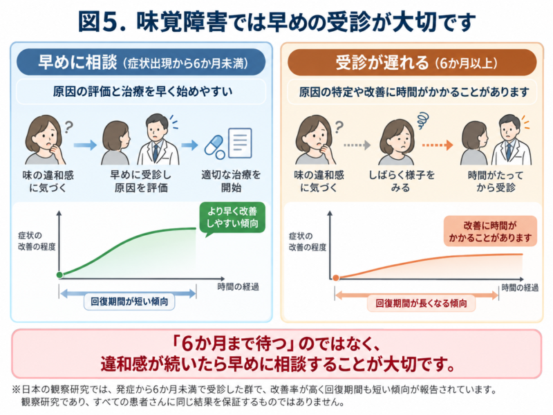 味覚障害は早めの受診が大切であることを示す図。6か月未満で受診した場合と6か月以上遅れて受診した場合を比較し、早期受診で改善しやすい傾向を示した日本語図解