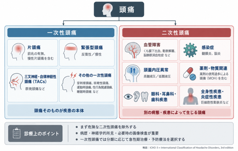 ICHD-3に基づく頭痛の分類図。一次性頭痛として片頭痛、緊張型頭痛、群発頭痛などを、二次性頭痛として血管障害、感染症、頭蓋内圧異常、薬剤関連、眼科・歯科疾患などを示す。