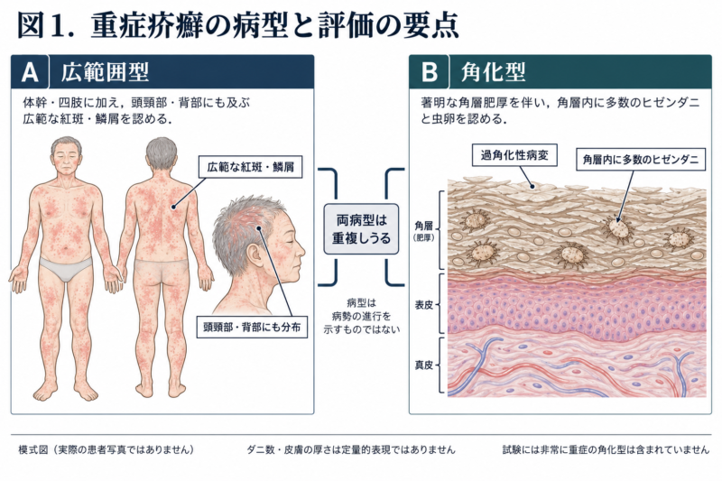 広範囲型疥癬の皮疹分布と、角化型疥癬の肥厚した角層内に存在するヒゼンダニ・虫卵を比較した模式図。両病型は重複しうる。