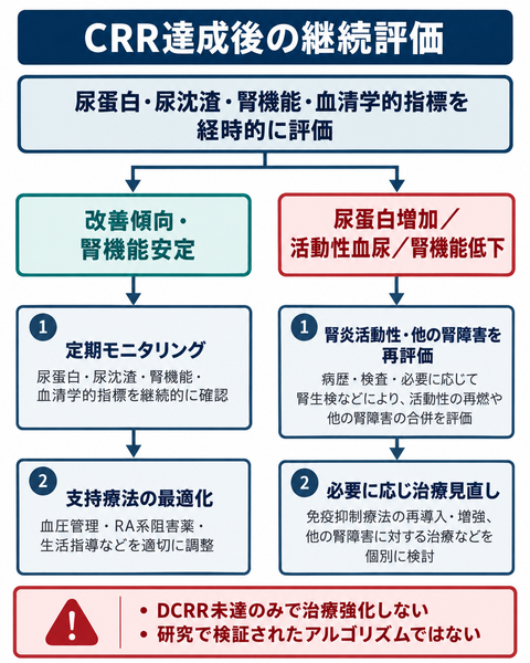 ループス腎炎の完全腎奏効達成後に、改善傾向が続く場合と腎炎活動性が悪化する場合に分けて、継続評価と治療再検討を示すフローチャート。