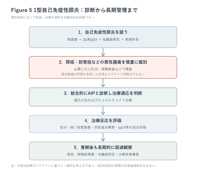 1型自己免疫性膵炎における初期評価、膵癌との鑑別、ステロイド治療、治療反応判定、長期再発監視を示すフローチャート。
