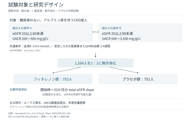 非糖尿病性CKD患者1,584人を対象としたFIND-CKD試験の組み入れ条件、群分け、主要評価項目。