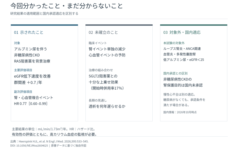 FIND-CKD試験で示された効果、未確立の点、対象外疾患と国内承認適応を整理した図。